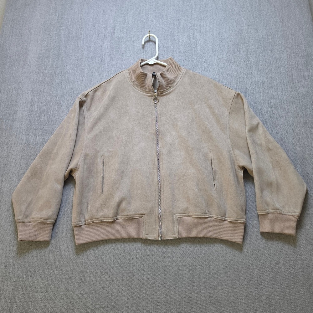 Zara Bomber Jacket Women L Tan Faux Suede Mock Neck Zip Up TRF Collection